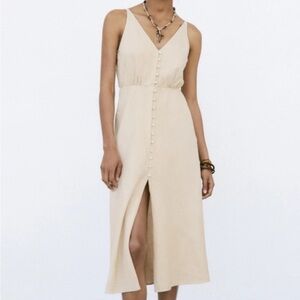 Zara Cream Button-Front V-Neck Midi Dress
